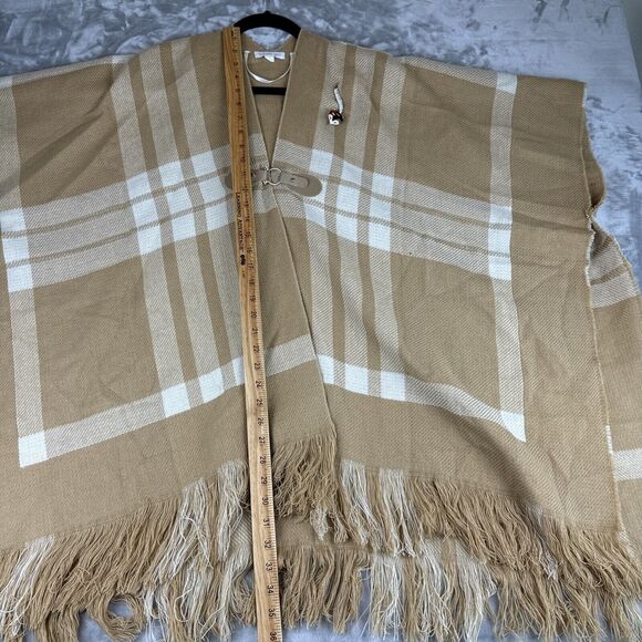 Charter Club Poncho Shawl Women's One Size‎ Tan/Cream Plaid Throw Fox Pin (0806) - Picture 10 of 10